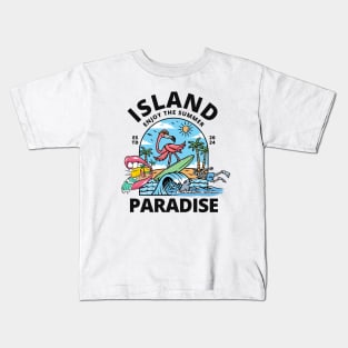 Island Paradise Flamingo  Surfing Beach Kids T-Shirt